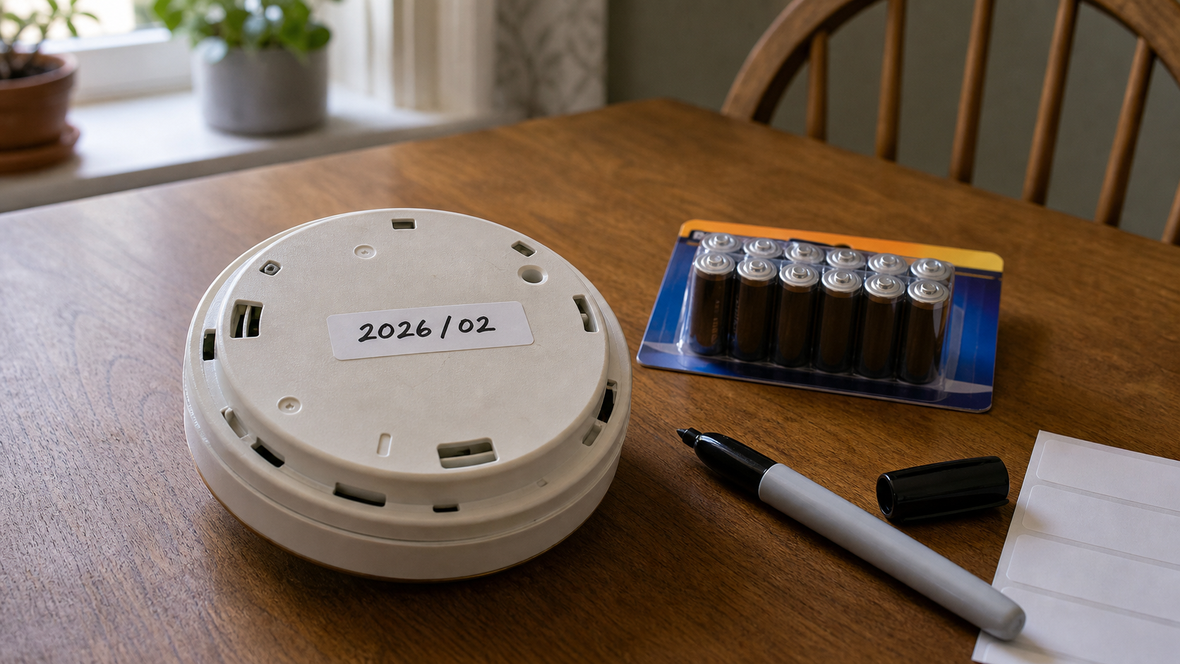 A date written on the back of a smoke alarm beside a marker and a pack of batteries.