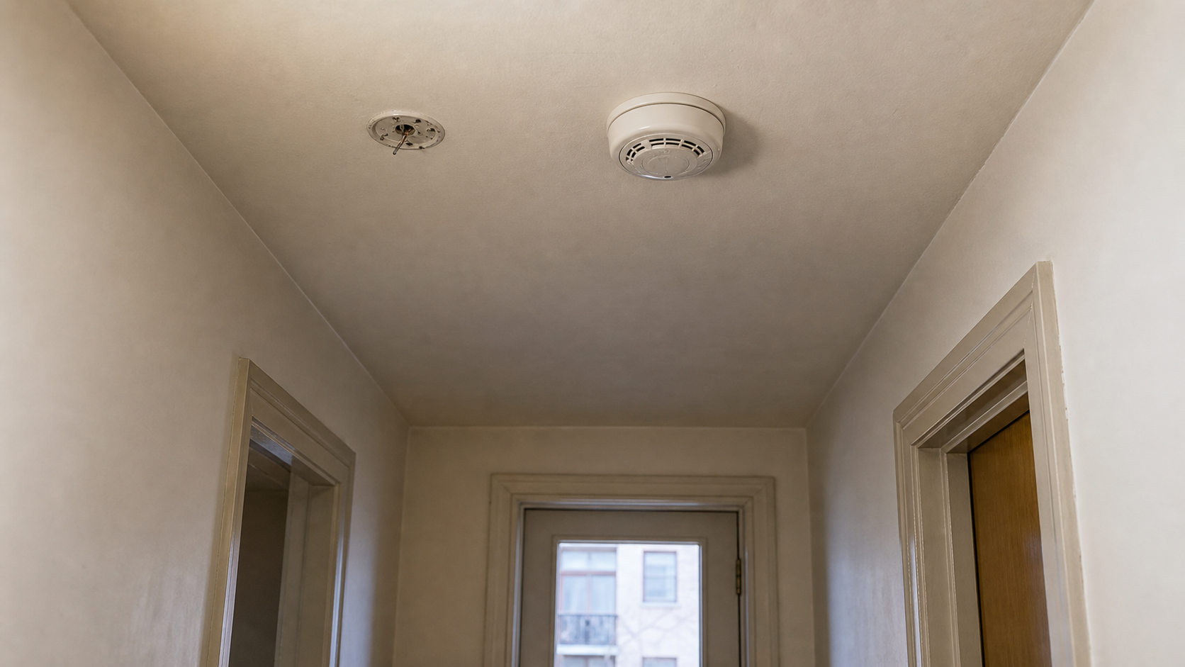 A hallway ceiling with one smoke alarm installed and an empty mounting bracket nearby.