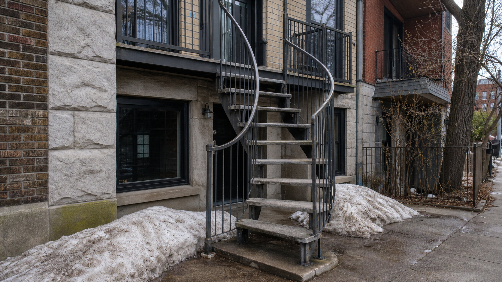 A Montreal exterior staircase with salt stains, worn paint, and late-winter snow at the base.