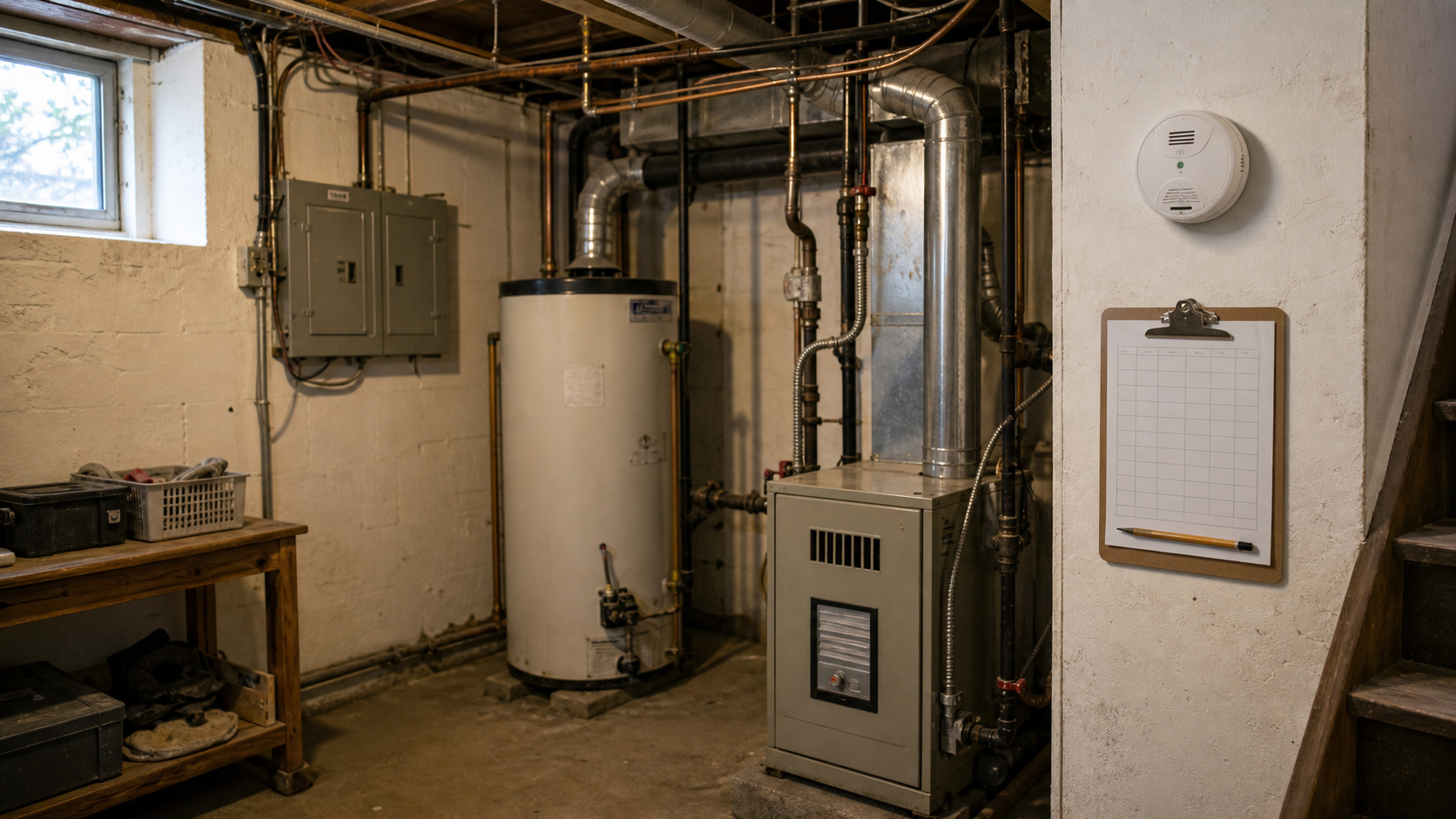 A shared duplex basement with a furnace, CO alarm, and maintenance calendar on the wall.