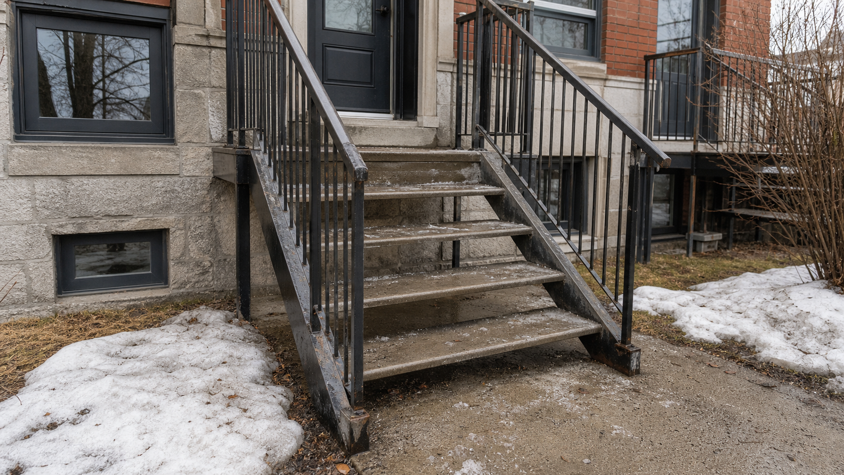Metal stair treads with ice on the lower steps and dry treads above on a Montreal exterior stair.