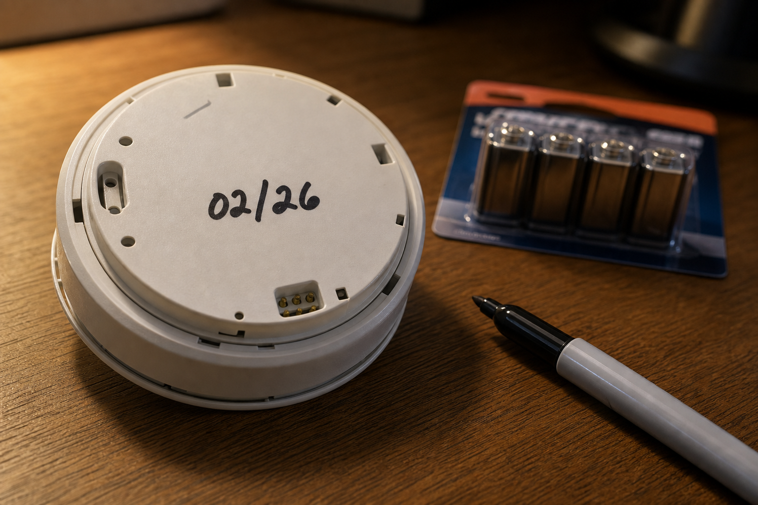 The back of a smoke alarm marked with a date beside batteries and a marker.