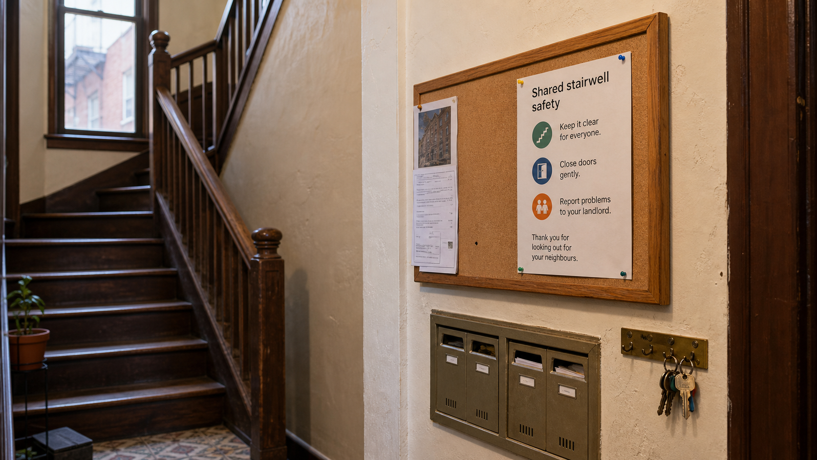 A shared stairwell bulletin board with a safety notice, mail slots, keys, and an older apartment staircase.