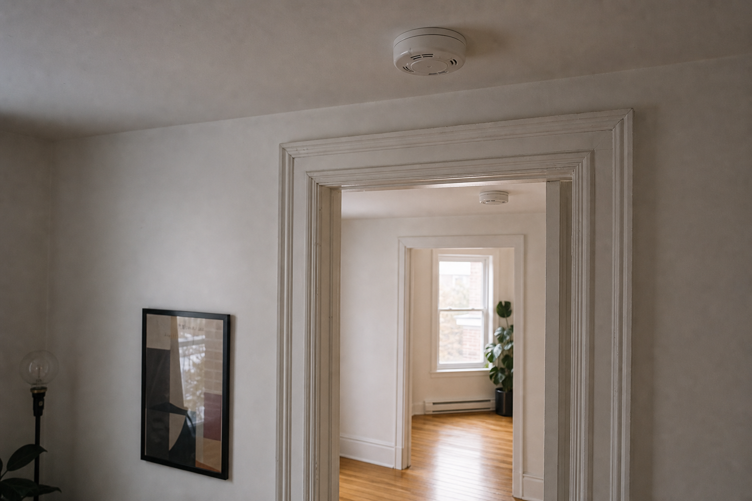 Two ceiling smoke alarms visible through an open doorway between rooms.