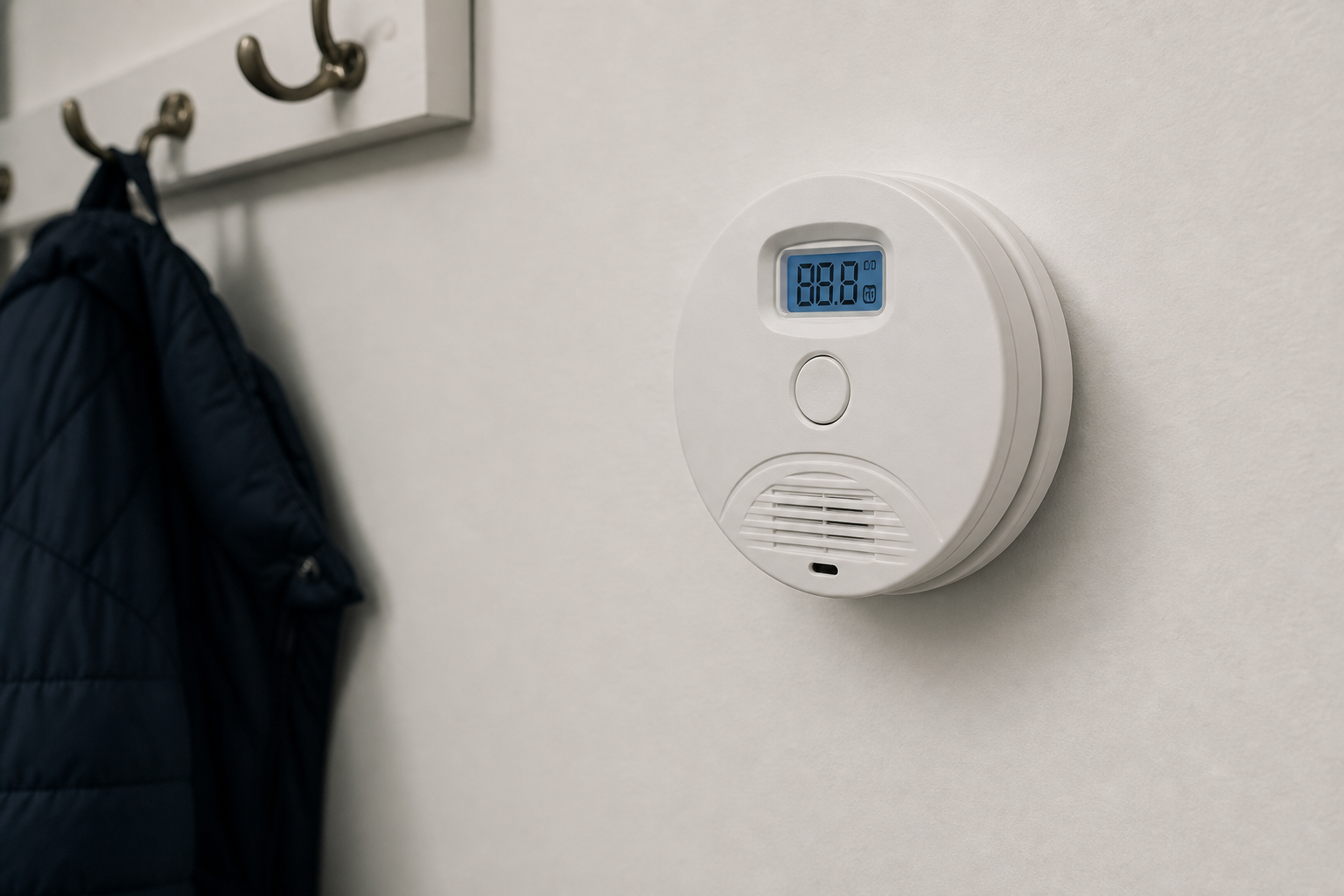 A combination smoke and CO alarm on a hallway wall with a small digital display.