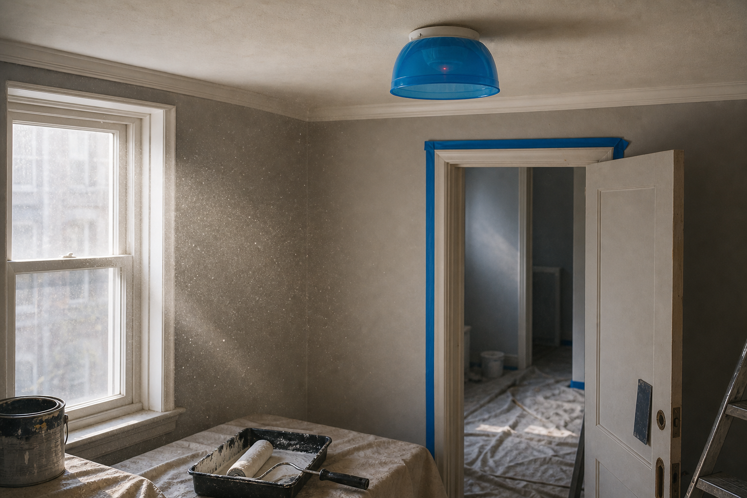 A bright plastic cover over a ceiling smoke alarm during renovation with drop cloths and paint supplies below.