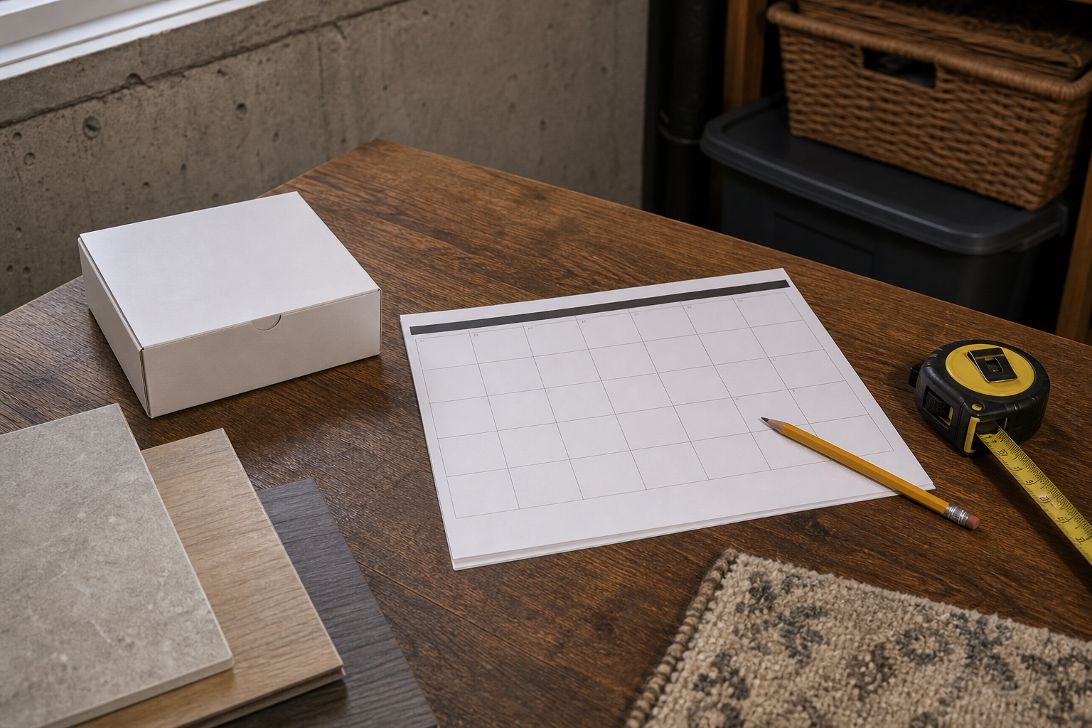 An overhead basement planning table with a sealed radon kit, flooring samples, and simple timing tools nearby.