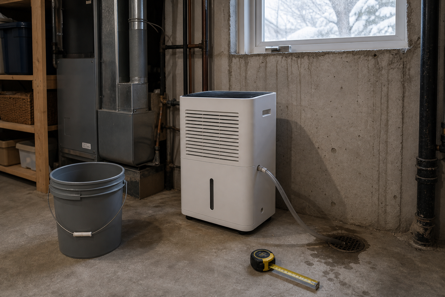 A basement dehumidifier draining toward a floor drain with a bucket nearby, focused on fit and capacity rather than deal hype.