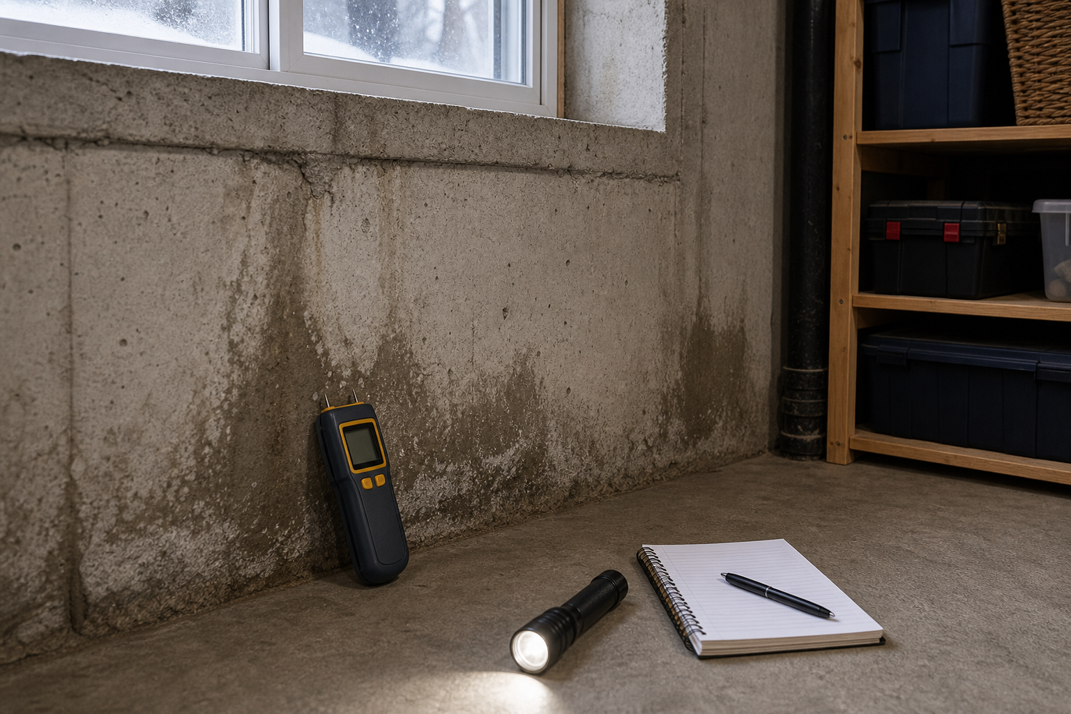 A moisture meter checking a basement wall with a notebook and flashlight nearby, shown as a repeat-check tool rather than a magic diagnosis machine.