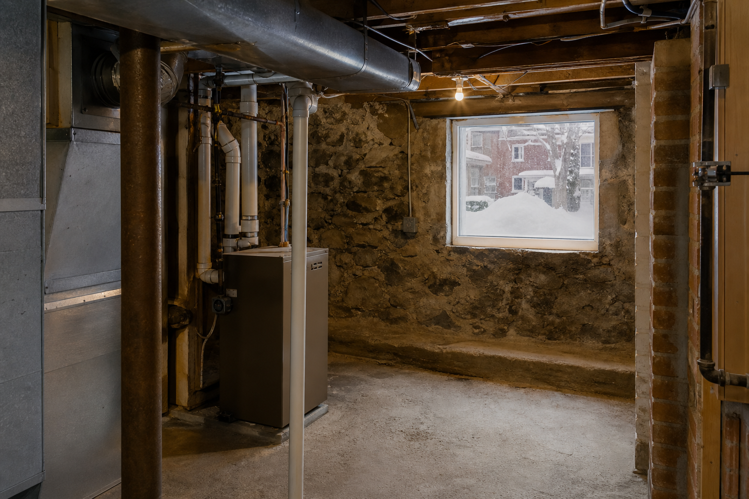 An older stone-walled basement with winter light, fitting Montreal's varied lower-level conditions.