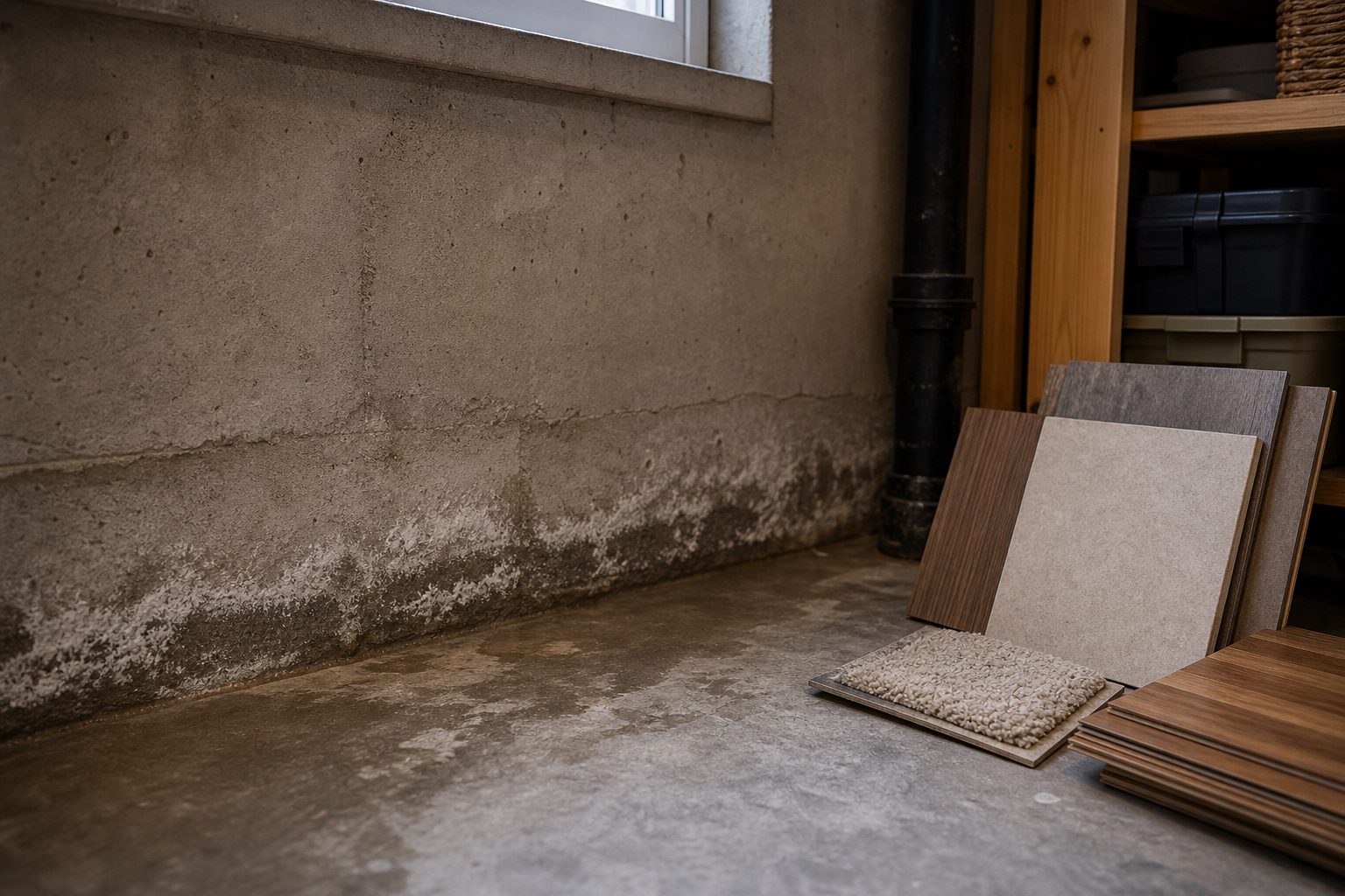 A basement wall-floor junction with moisture traces and finish materials leaning nearby, showing why clues should shape finishing plans.