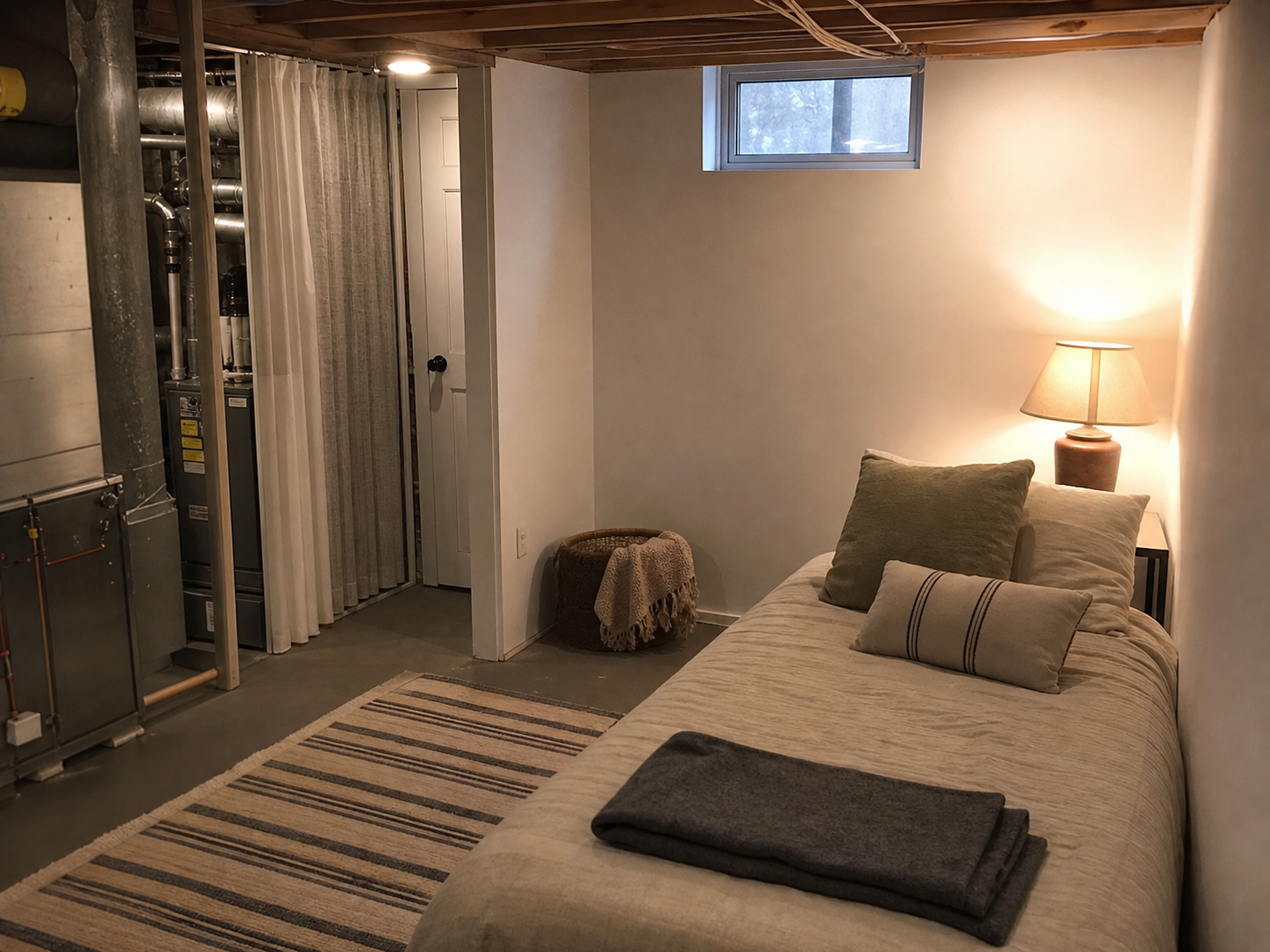 A basement sleeping area placed too close to unfinished utility conditions, making safety checks feel necessary before use.