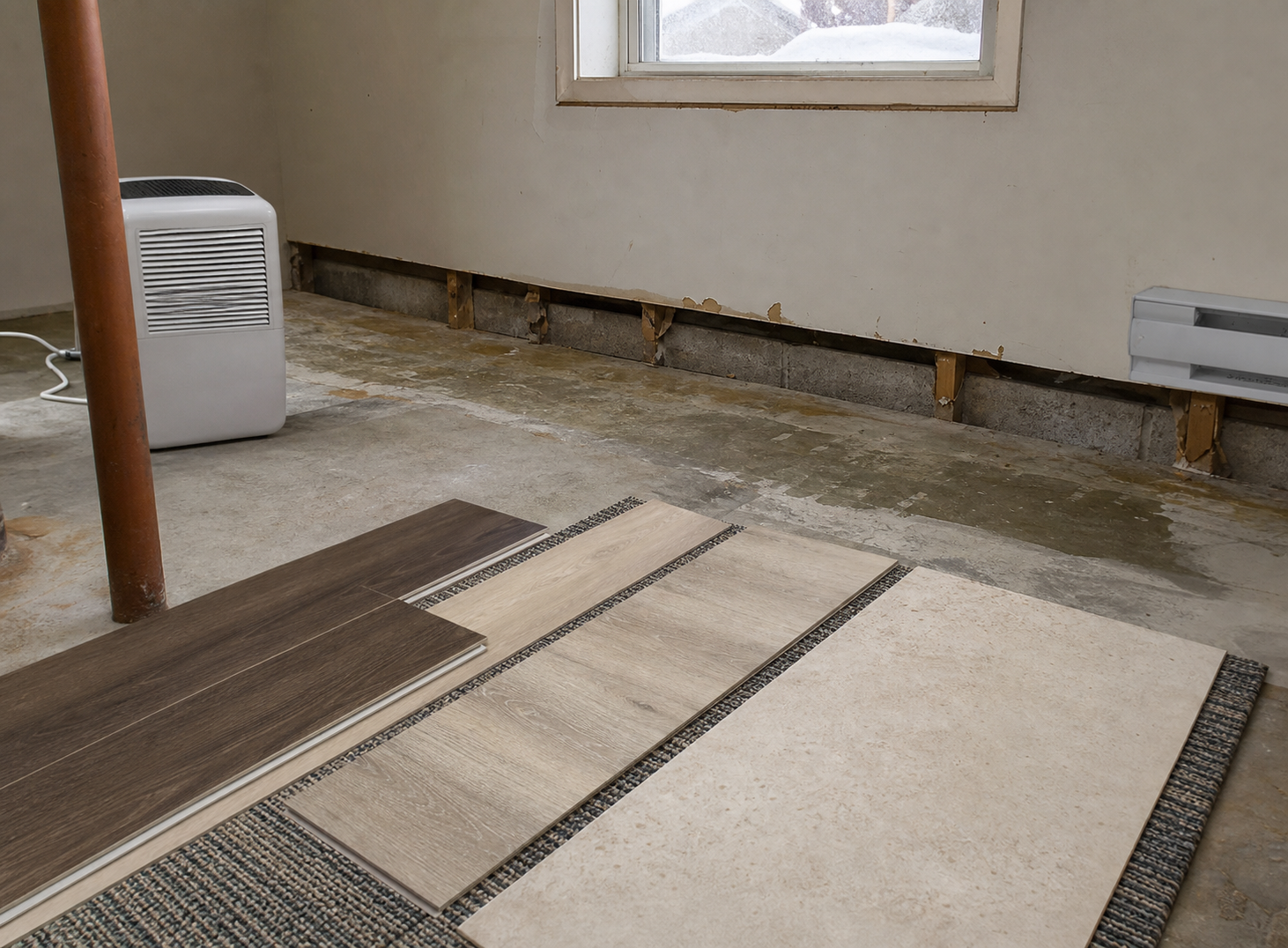 Basement flooring samples laid beside a dehumidifier and visible wall wear, framing humidity as a pre-flooring check.