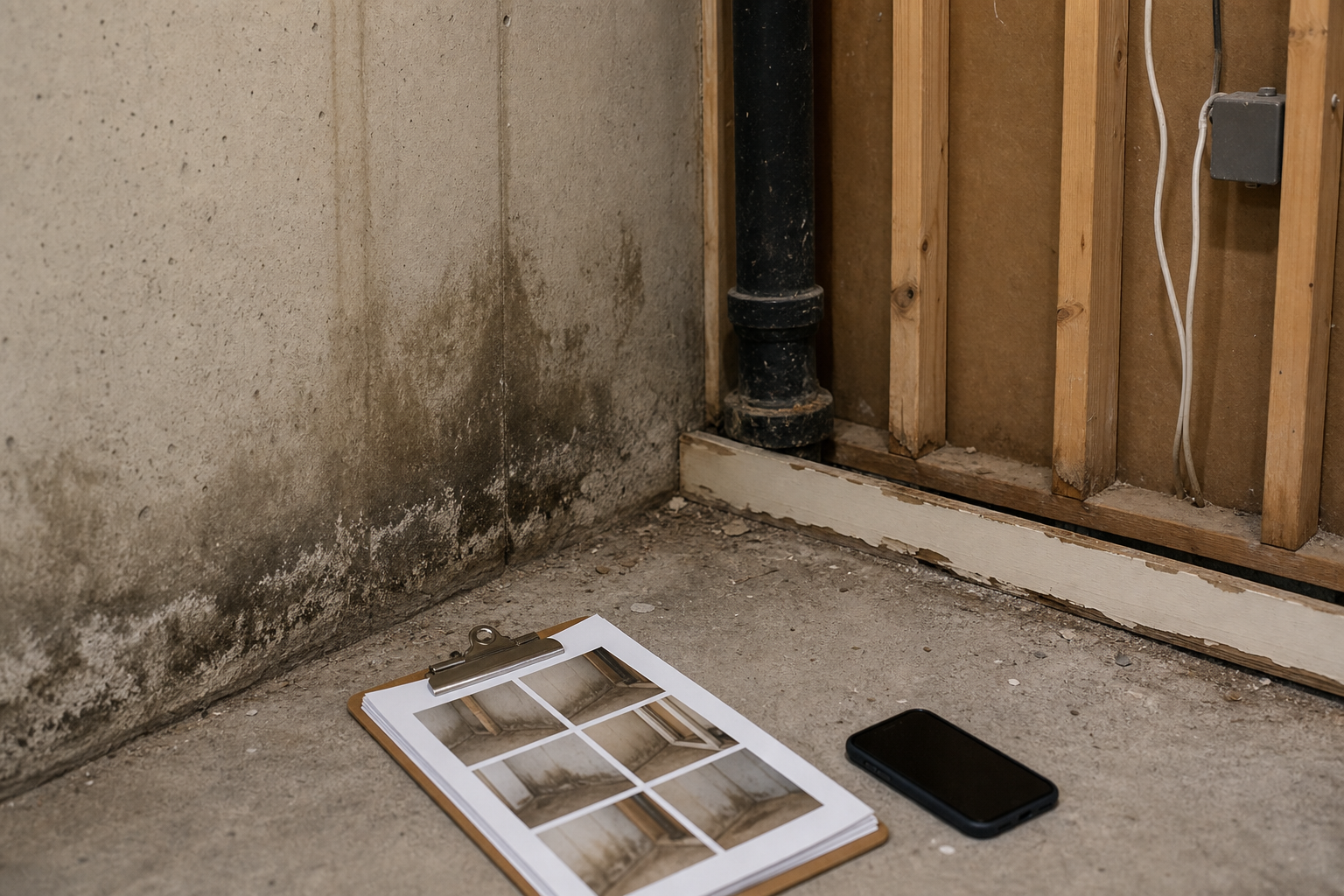 An unfinished basement corner with water marks, exposed framing, and a photo log on the floor, documenting clues before finishing covers them.