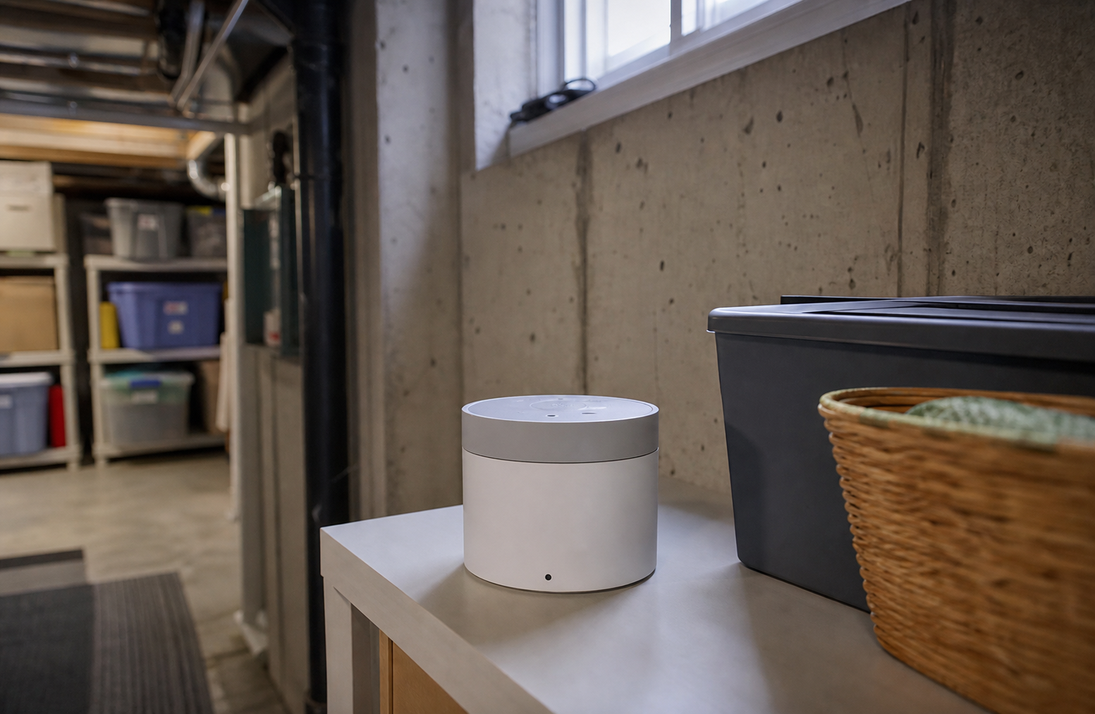 A clean radon monitor placed on a basement shelf in a real lower-level storage area.