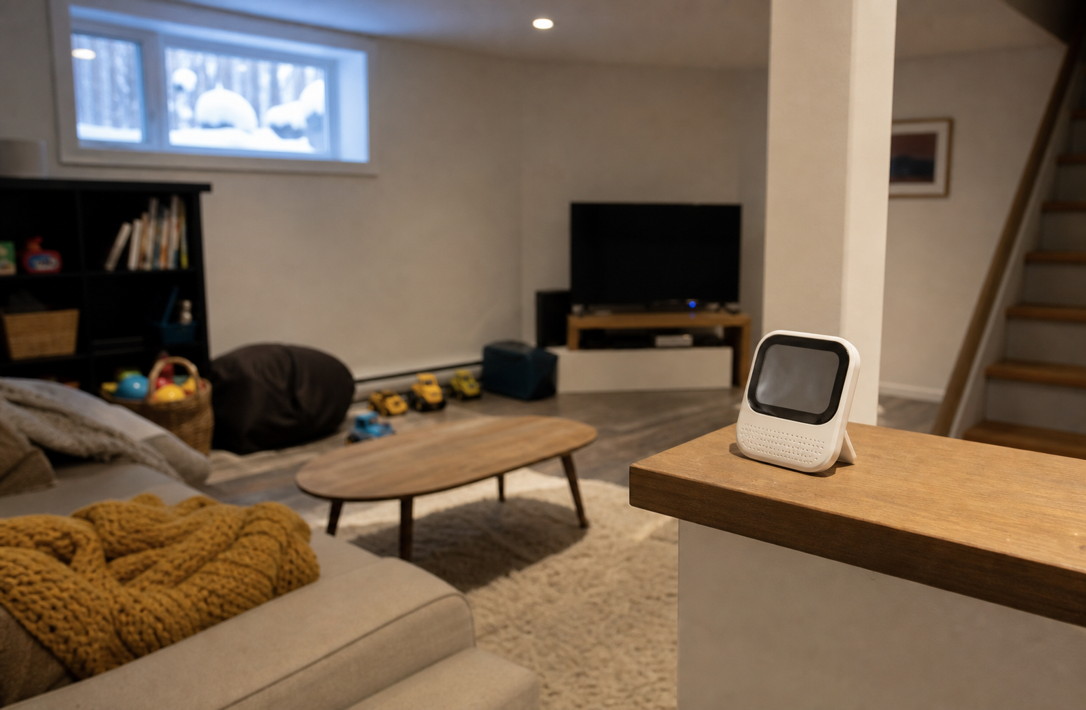 A small indoor air monitor in a lived-in basement family room, shown as a practical tool rather than a gadget trophy.