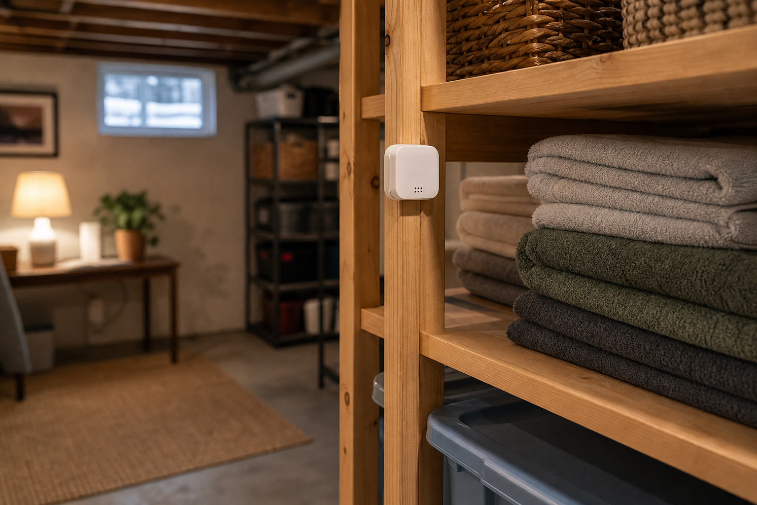 A simple humidity sensor clipped to a basement linen shelf, making the storage-room use case feel calm and practical.